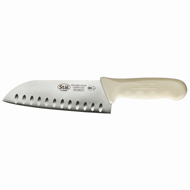 Winco KWP-70 Stal Santoku Knife, 7" Long, Granton Blade, White Handle