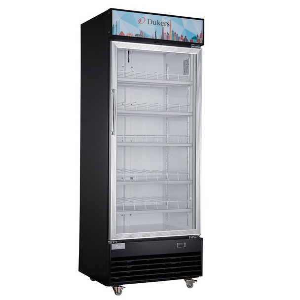 Dukers DSM-15R 27 1/2" Single Swing Glass Door Merchandiser Refrigerator - Black Exterior