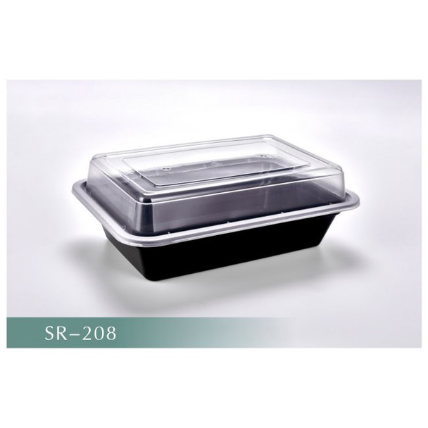 PLASTIK SR-208B Black Plastic Container & Clear Lid, 38oz, 8" x 6" (150/cs)