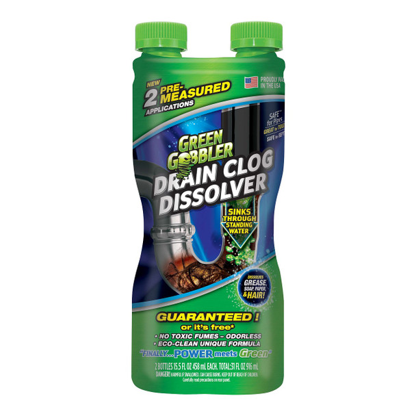 Green Gobbler Drain Clog Dissolver, 31oz Dual Chamber Bottle