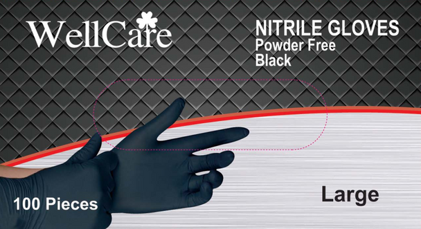 W3E726 Black Nitrile Gloves, Powder Free, Medium (100/box)