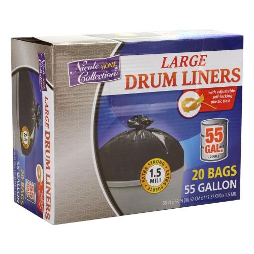 King Zak 01370 Twist Tie Drum Liner Trash Bags, Black, 55 Gallon (20pcs/box)
