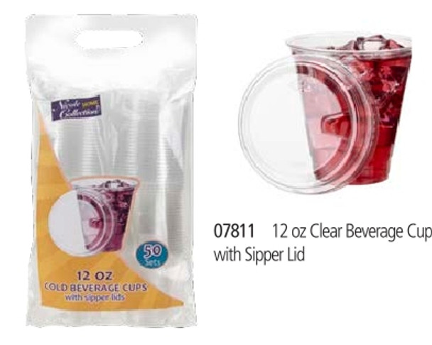King Zak 07811 Clear Plastic Cups & Strawless Lids, 12 oz (Pack/50 Set)