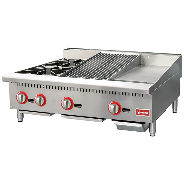 Omcan CE-CN-12H12C12G 36" Gas Combination Hot Plate, Charbroiler and Griddle Combo -  115,000 BTU Natural Gas