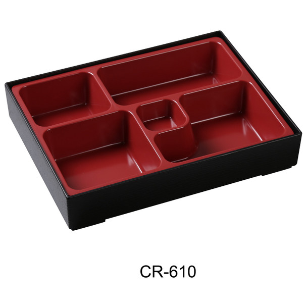 Yanco CR-610 Sushi Compartment/Bento Box, 10-1/4" x 8", Black/Red
