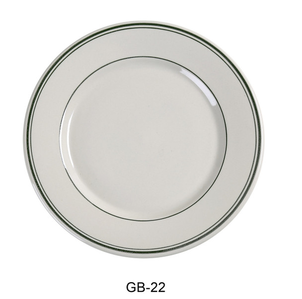 Yanco GB-9 Green Band 9-3/4" Round Ceramic Plate, American White (24/Case)