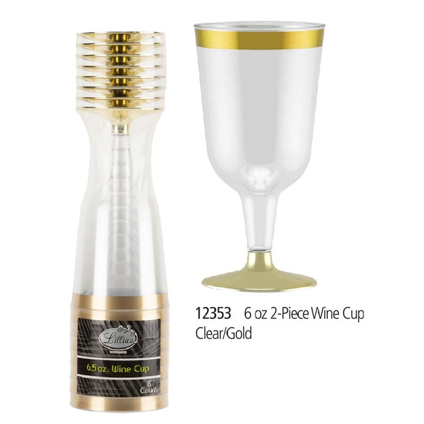 King Zak 12353 Wine Cup 6oz. 2-Piece Clear/Gold (8pc/Pack)