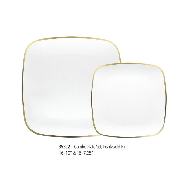 King Zak 35322 Combo Square Plate Set, Pearl/Gold Rim (32pc/Pack) King Zak 35322 Combo Square Plate Set, Pearl/Gold Rim (32pc/Pack)