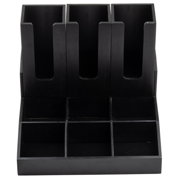 Tablecraft 12690 Coffee Condiment Organizer, 9 Compartments & 3 Cup/Lids, Black