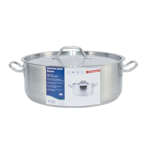 CAC SSBZ-20 Brazier Pan, 20 QT, w/Lid, Stainless Steel, Induction Ready