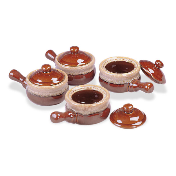 Browne 744047 Onion Soup Bowl Set with Lid, 16oz, Ceramic Brown (4pc/set)