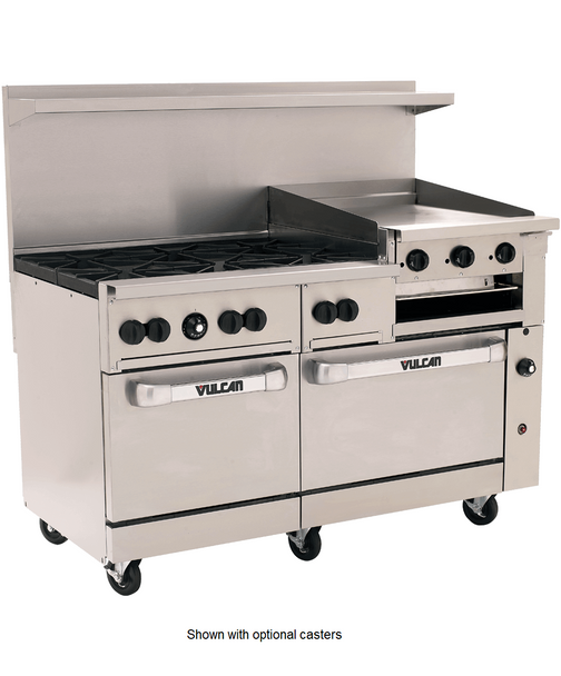 Vulcan 60SS-6B24GBN Endurance Series Natural Gas Restaurant Range, 6 Burner, 2 Standard Oven, 24" Manual Griddle/Broiler - 268,000 BTU