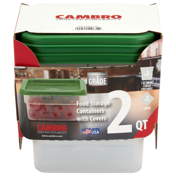 CAMBRO 2SFSPPRP3190 Multi-Pack Translucent Container/Lid, 2 QT. Square (3/Pack)