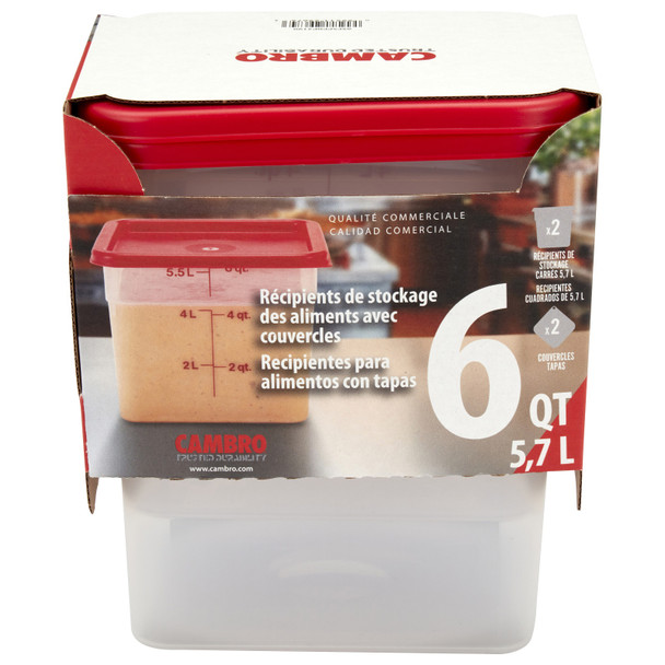 Cambro 6SFSPPRP2190 Multi-Pack Translucent Container/Lid, 6 QT. Square (2/Pack)