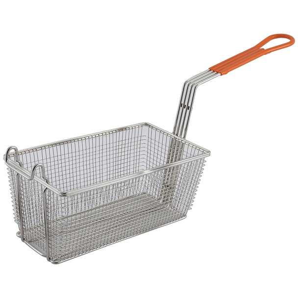 Winco FB-10 12-1/8" x 6-1/2" x 5-3/8" Fry Basket with Front Hook, Orange Plastic Handle