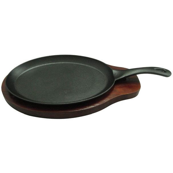 Winco FS-2 Cast Iron Fajita Skillet with Handle and Mahogany Wood Underliner