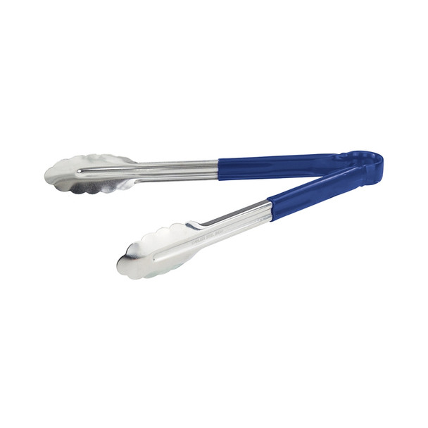 Winco UT-12HP-B 12" Stainless Steel Utility Tongs with Blue Coated Handle