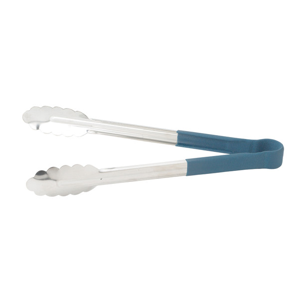 Winco UT-9HP-B 9" Stainless Steel Utility Tongs with Blue Coated Handle