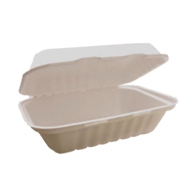 White 9" x 6" x 3" 1-Compartment Bagasse Compostable Hinged Container - 300/Case