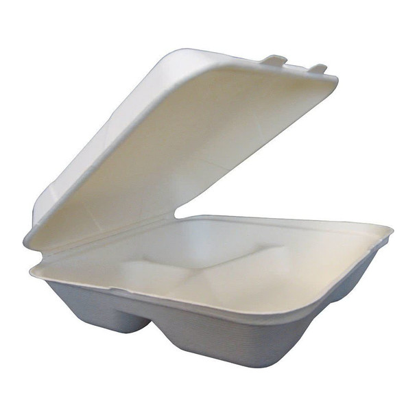 White 9" x 9" x 3" Three-Compartment Bagasse Hinged Container - 300/Case