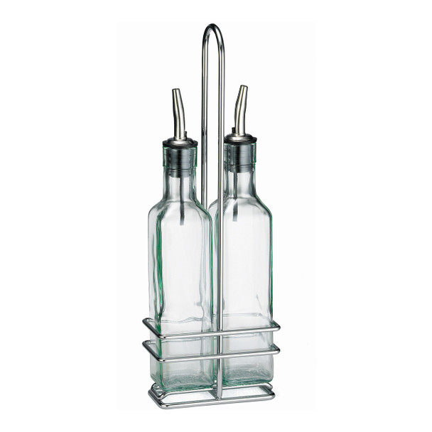 Tablecraft H9085N Prima Collection Cruet Set with Pourers, 2 Bottles & Rack, 8-1/2 oz, Green Tint