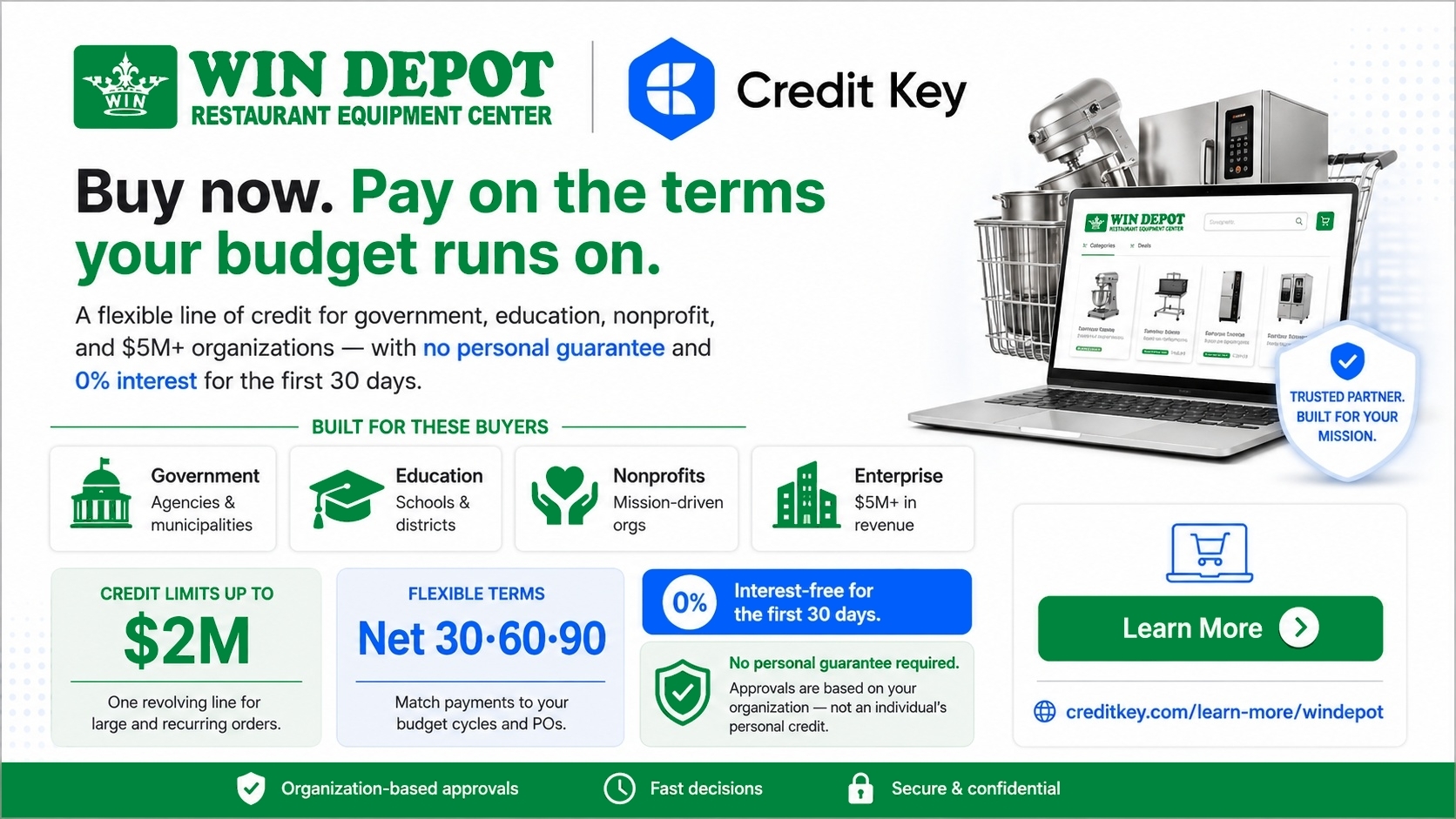 Win Depot and Credit Key financing promo banner showing flexible B2B payment options, up to $2M credit limits, Net 30/60/90 terms, 0% interest for the first 30 days, and no personal guarantee.