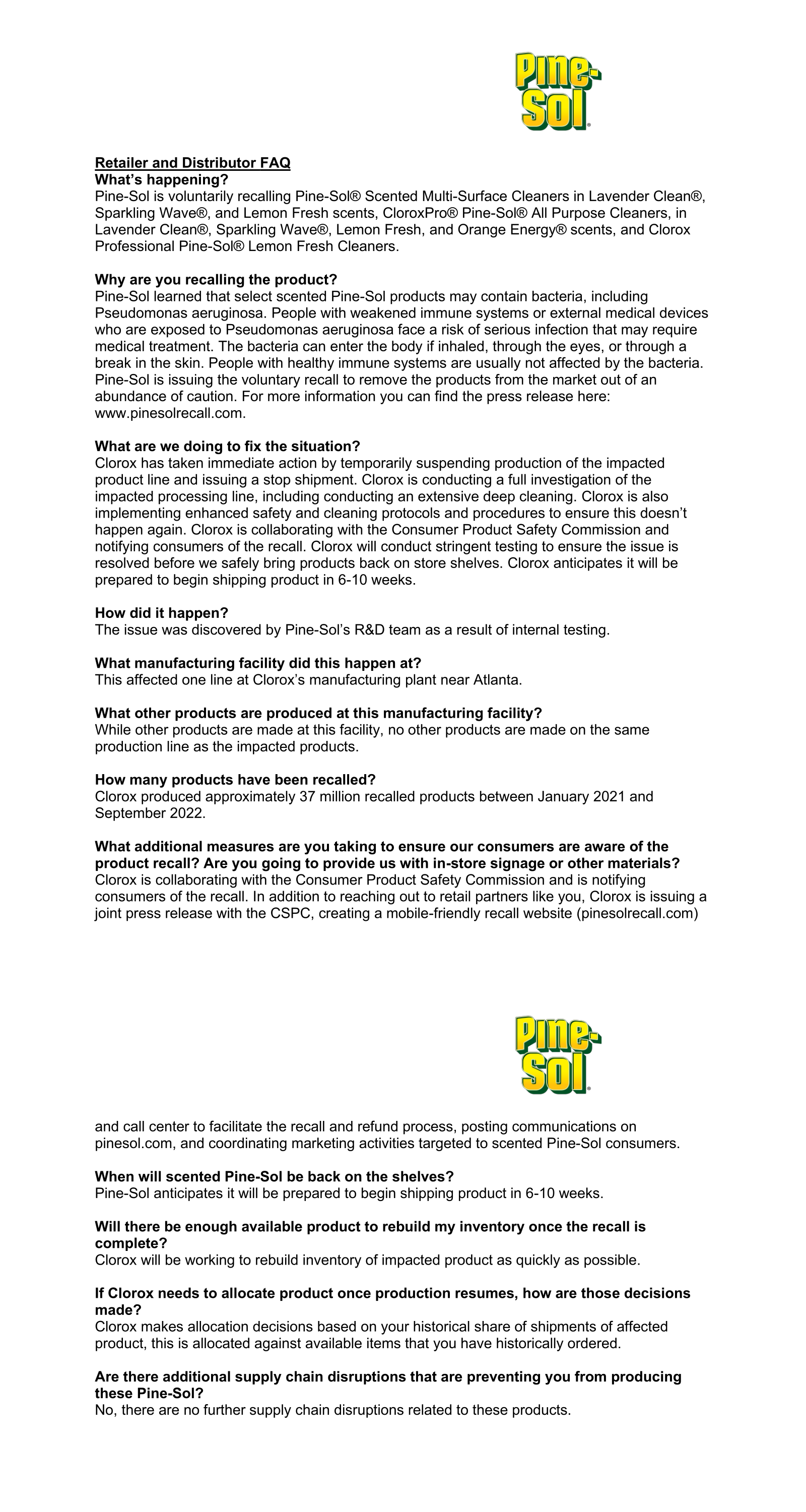 Recall of Select PineSol Products Win Depot