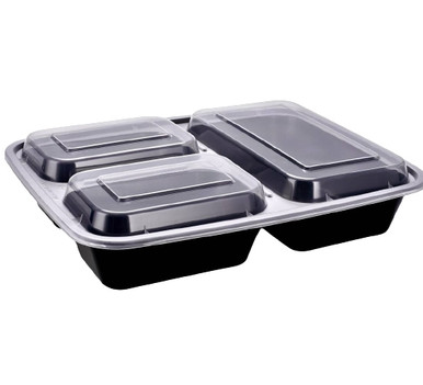 39 oz. Round Black 9 Container 3 Compartment w/Lid Combo 150/CS