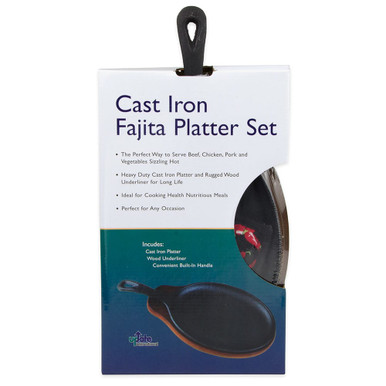 Winco FS-2 Cast Iron Fajita Skillet with Handle and Mahogany Wood Underliner