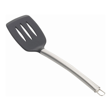 Tablecraft 10054 12 7/8 Black Silicone-Coated Stainless Steel Slotted  Spatula / Turner