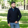 Mens Aran Cable Shawl-Collar Cardigan MM200 Navy Blue SAOL Knitwear Front View