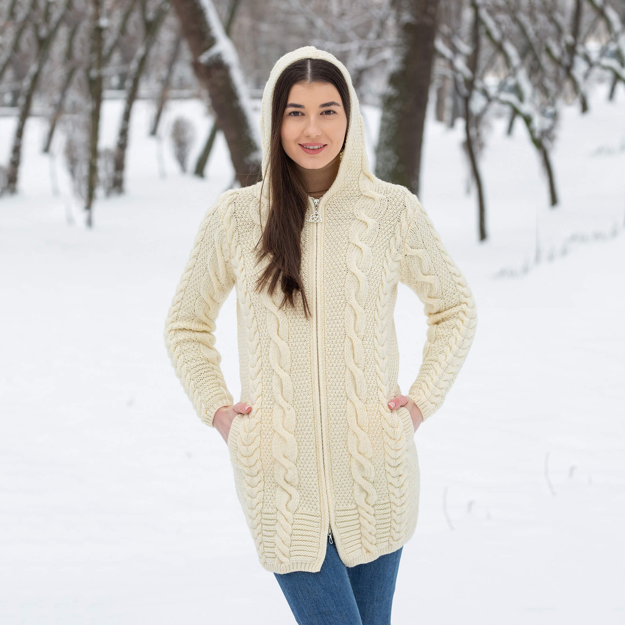 Aran Cable Knit Hooded Zip Coatigan | SAOL | SaolKnitwear.com