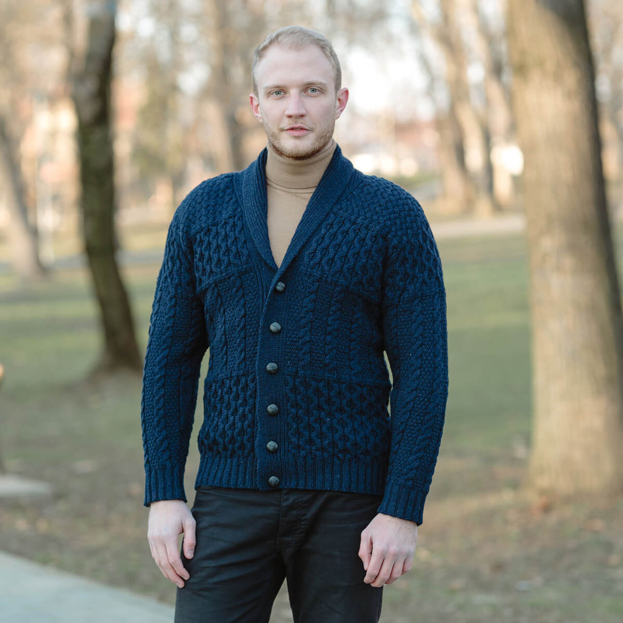 Mens Cable Shawl-Collar Cardigan