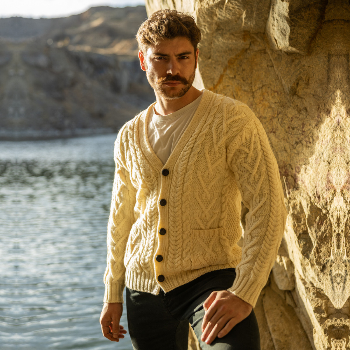 Mens V Neck Cable Cardigan