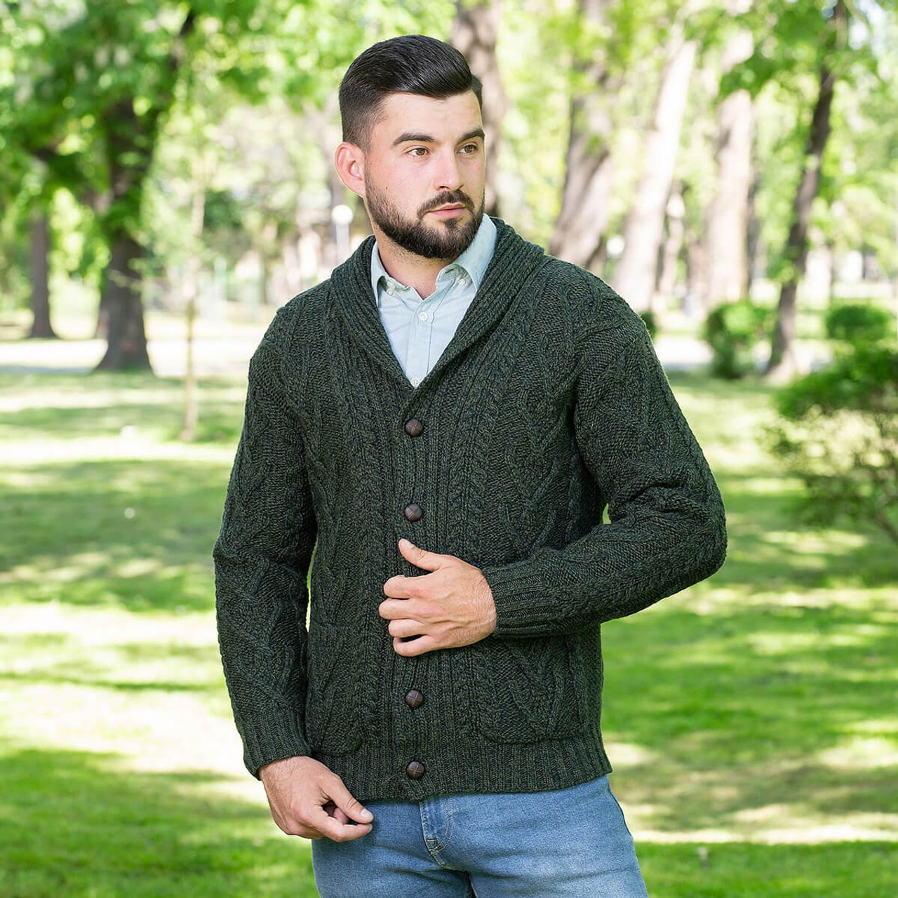 Mens Aran Cable Shawl-Collar Cardigan | SAOL | SaolKnitwear.com