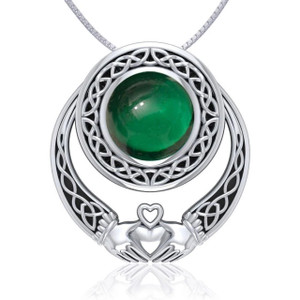 Irish Claddagh Silver Pendant with Emerald Gem