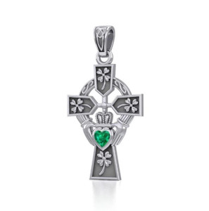 Exquisite Emerald Claddagh Cross Pendant in Sterling Silver