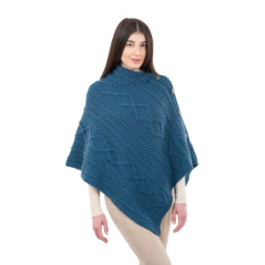 Cable Knit Cowl Neck Poncho ML906 Teal SAOL Knitwear Front View