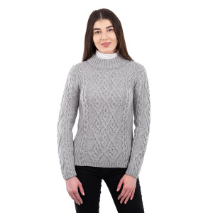 Ladies Aran Cable Knit Sweater ML905 Grey SAOL Knitwear Front View