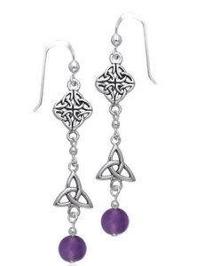 Silver Celtic Knot Drop Earrings with Amethyst Bead