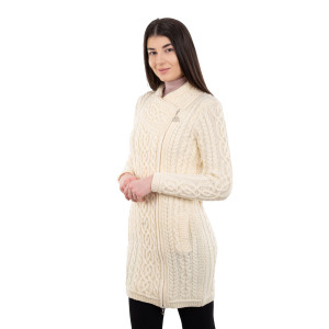 Cable Knit Side Zip Long Cardigan ML143 Natural White SAOL Knitwear Side View