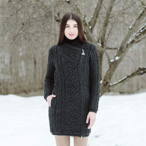 Cable Knit Side Zip Long Cardigan ML143 Charcoal SAOL Knitwear Front View