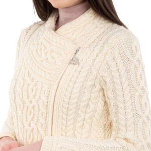 Aran Cable Knit Side Zip Long Cardigan 100% Soft Merino Wool SAOL
