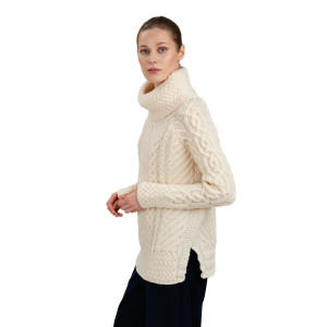Fisherman Wool Funnel Neck Sweater ML117 Natural White SAOL Knitwear Side View