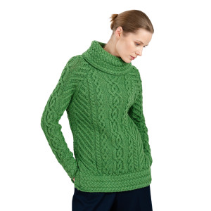 Fisherman Wool Funnel Neck Sweater ML117 Green SAOL Knitwear Front View