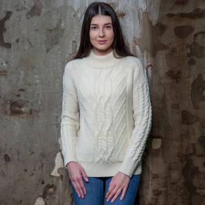 Turtle Neck Cable Sweater ML900 Natural White SAOL Knitwear Front View