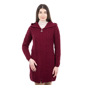 Celtic Aran Jacket ML128 Wine SAOL Knitwear Front View