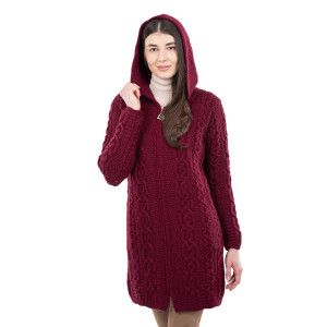 Celtic Aran Jacket ML128 Wine SAOL Knitwear Front View