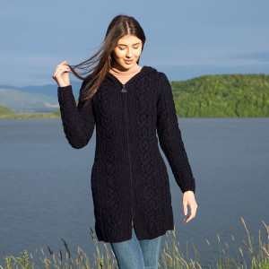 Celtic Aran Jacket ML128 Navy Blue SAOL Knitwear Front View