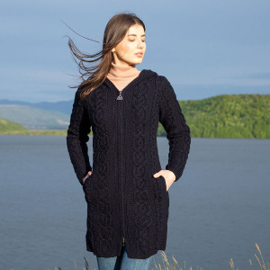 Celtic Aran Jacket ML128 Navy Blue SAOL Knitwear Front View
